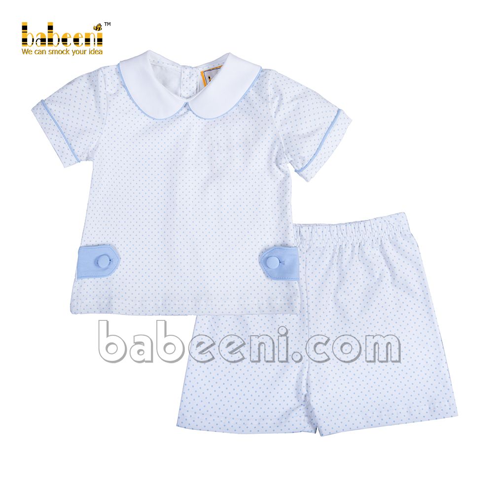 Cute boy short set baby blue dot on white - BC 916